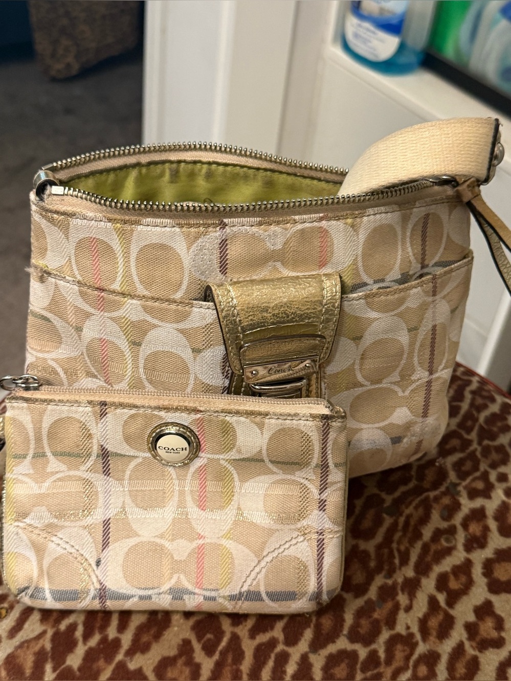 Coach Beige Signature Canvas Crossbody with Gold Trim